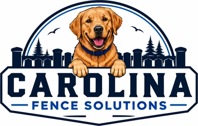 Carolina Fence Solution logo: a golden retriever resting its paws on a fence